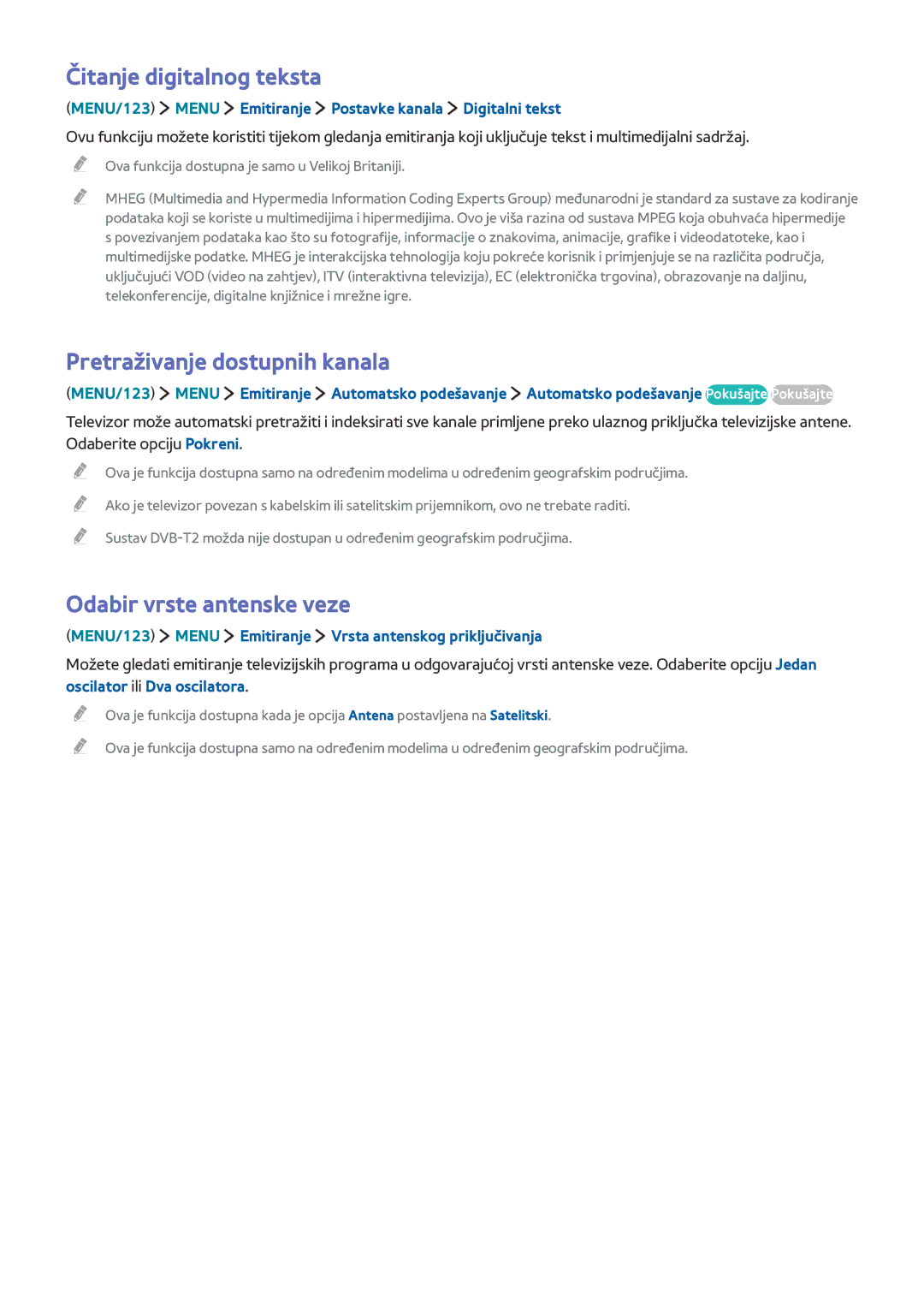 Samsung UE55JS8502TXXH manual Čitanje digitalnog teksta, Pretraživanje dostupnih kanala, Odabir vrste antenske veze 