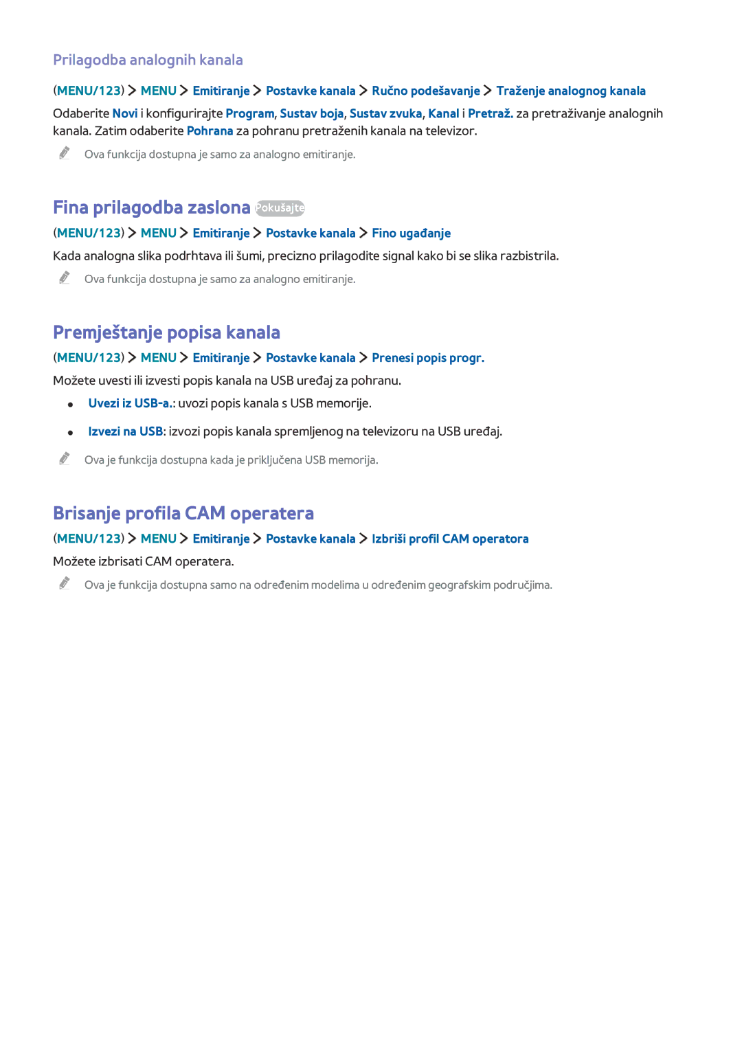 Samsung UE85JU7002TXXH manual Fina prilagodba zaslona Pokušajte, Premještanje popisa kanala, Brisanje profila CAM operatera 