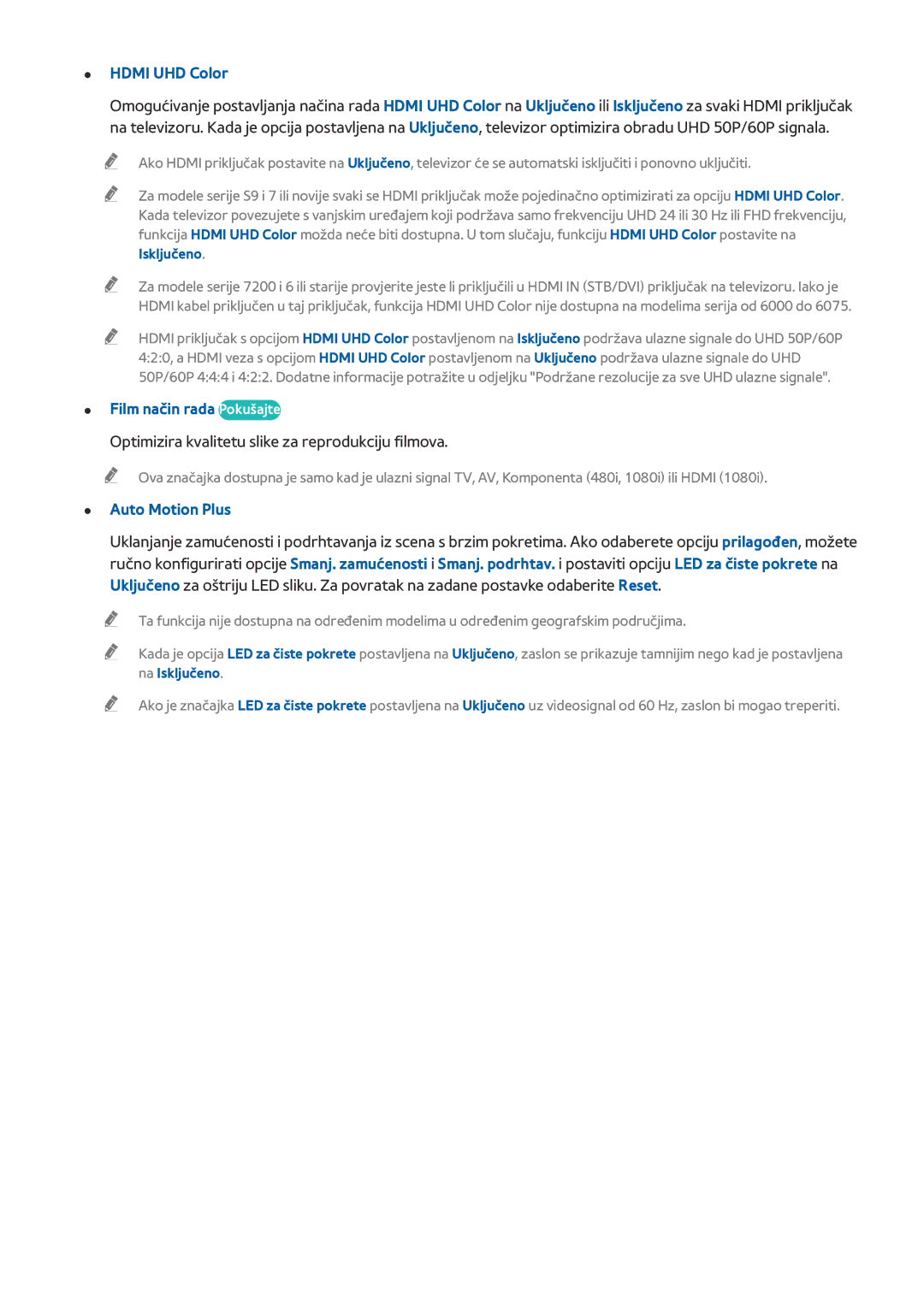 Samsung UE55JU6472UXXH manual Hdmi UHD Color, Film način rada Pokušajte, Optimizira kvalitetu slike za reprodukciju filmova 