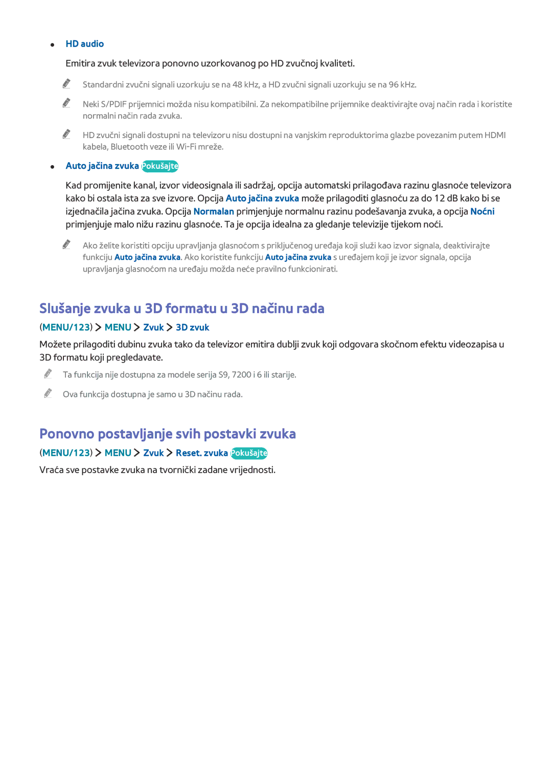 Samsung UE48JU6672UXXH Slušanje zvuka u 3D formatu u 3D načinu rada, Ponovno postavljanje svih postavki zvuka, HD audio 