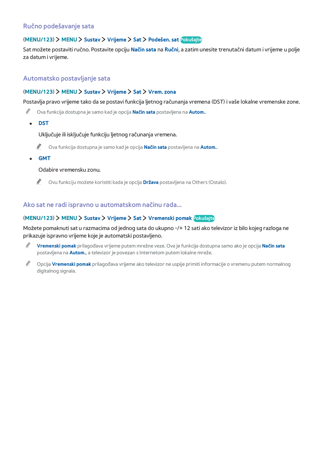 Samsung UE40JU6672UXXH, UE50JU6872UXXH, UE55JU6872UXXH, UE60JU6872UXXH Ručno podešavanje sata, Automatsko postavljanje sata 