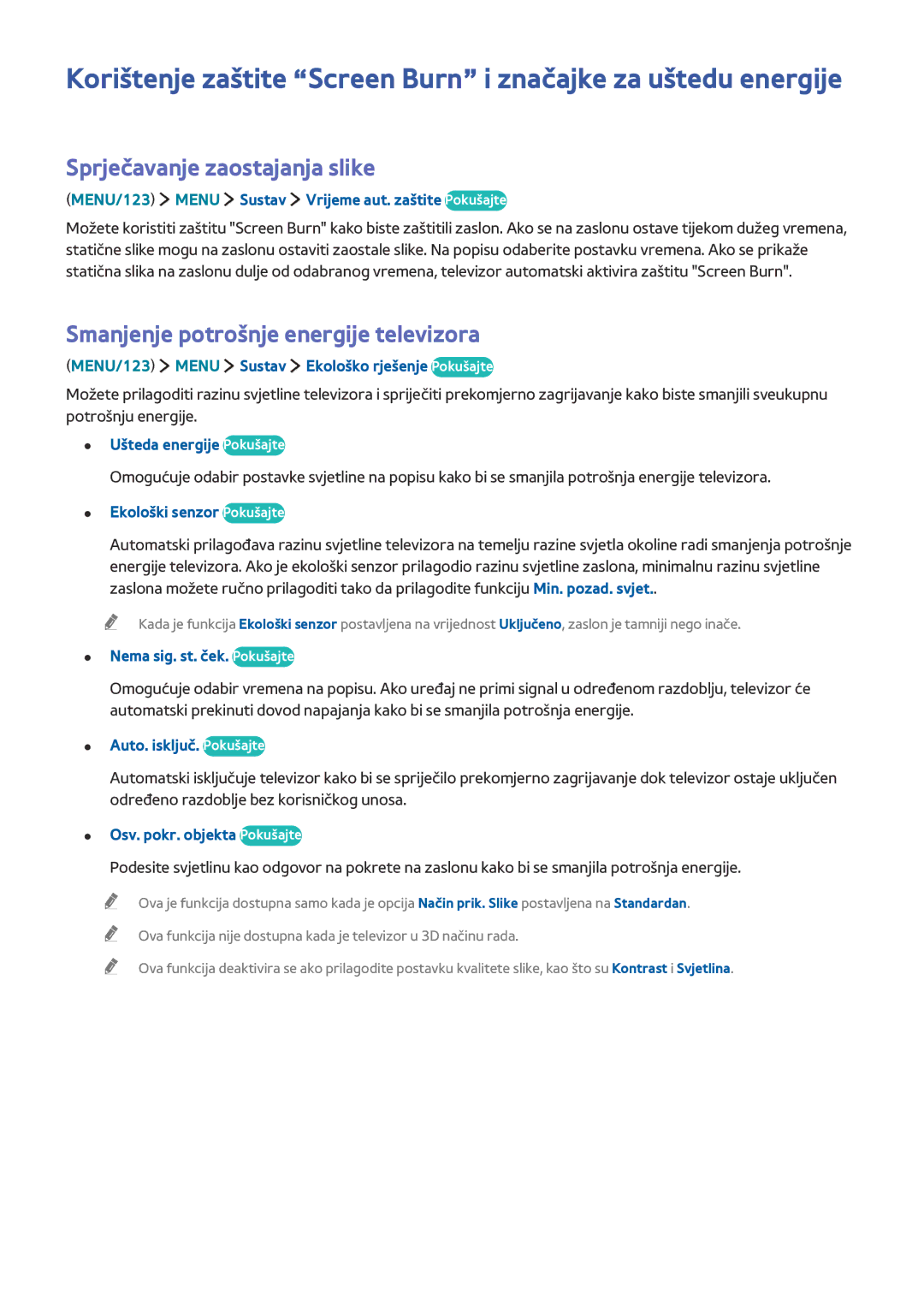 Samsung UE60JU6872UXXH, UE50JU6872UXXH manual Sprječavanje zaostajanja slike, Smanjenje potrošnje energije televizora 