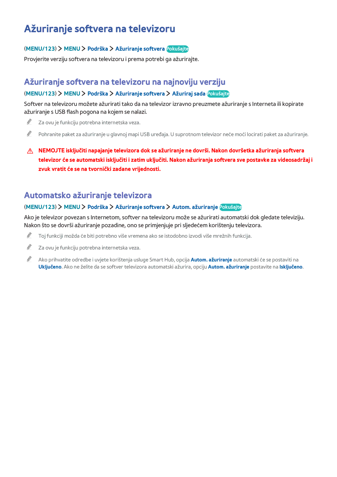 Samsung UE48JS8502TXXH manual Ažuriranje softvera na televizoru na najnoviju verziju, Automatsko ažuriranje televizora 