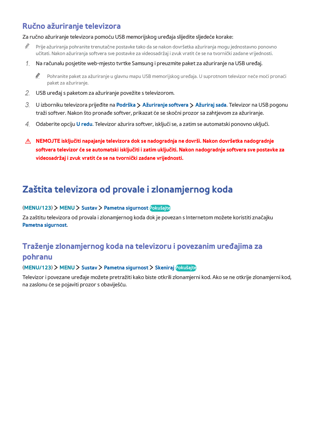 Samsung UE50JU6472UXXH, UE50JU6872UXXH manual Zaštita televizora od provale i zlonamjernog koda, Ručno ažuriranje televizora 