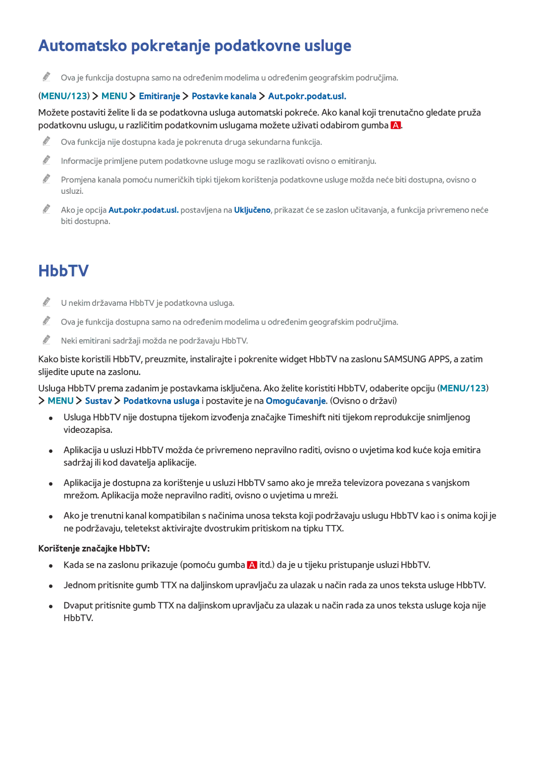 Samsung UE55JU6572UXXH, UE50JU6872UXXH, UE55JU6872UXXH, UE60JU6872UXXH manual Automatsko pokretanje podatkovne usluge, HbbTV 