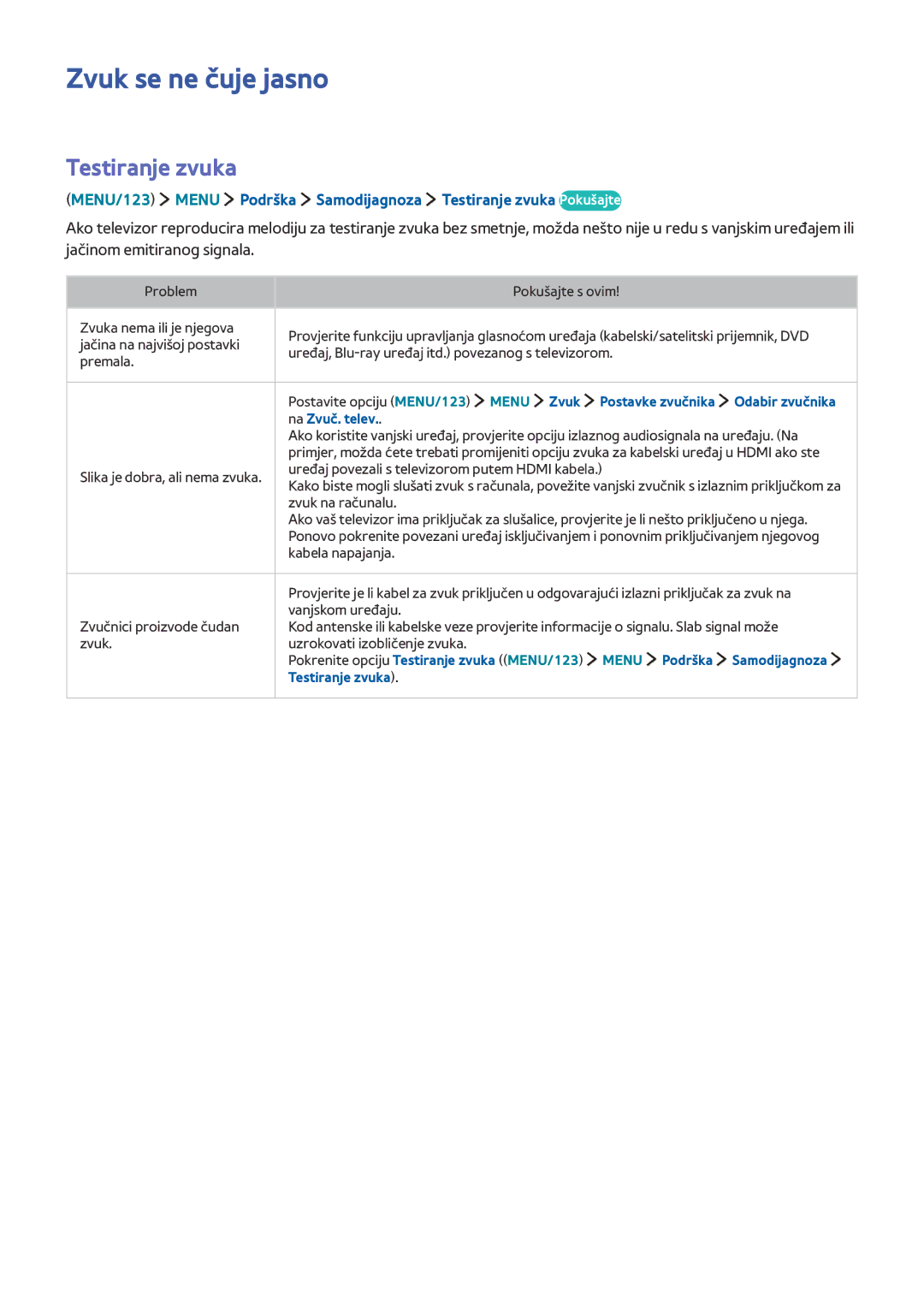 Samsung UE48JU6572UXXH, UE50JU6872UXXH, UE55JU6872UXXH, UE60JU6872UXXH manual Zvuk se ne čuje jasno, Testiranje zvuka 