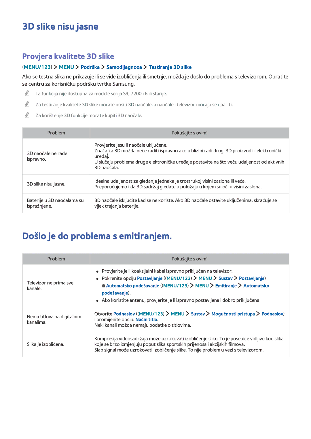 Samsung UE65JU7002TXXH manual 3D slike nisu jasne, Došlo je do problema s emitiranjem, Provjera kvalitete 3D slike 