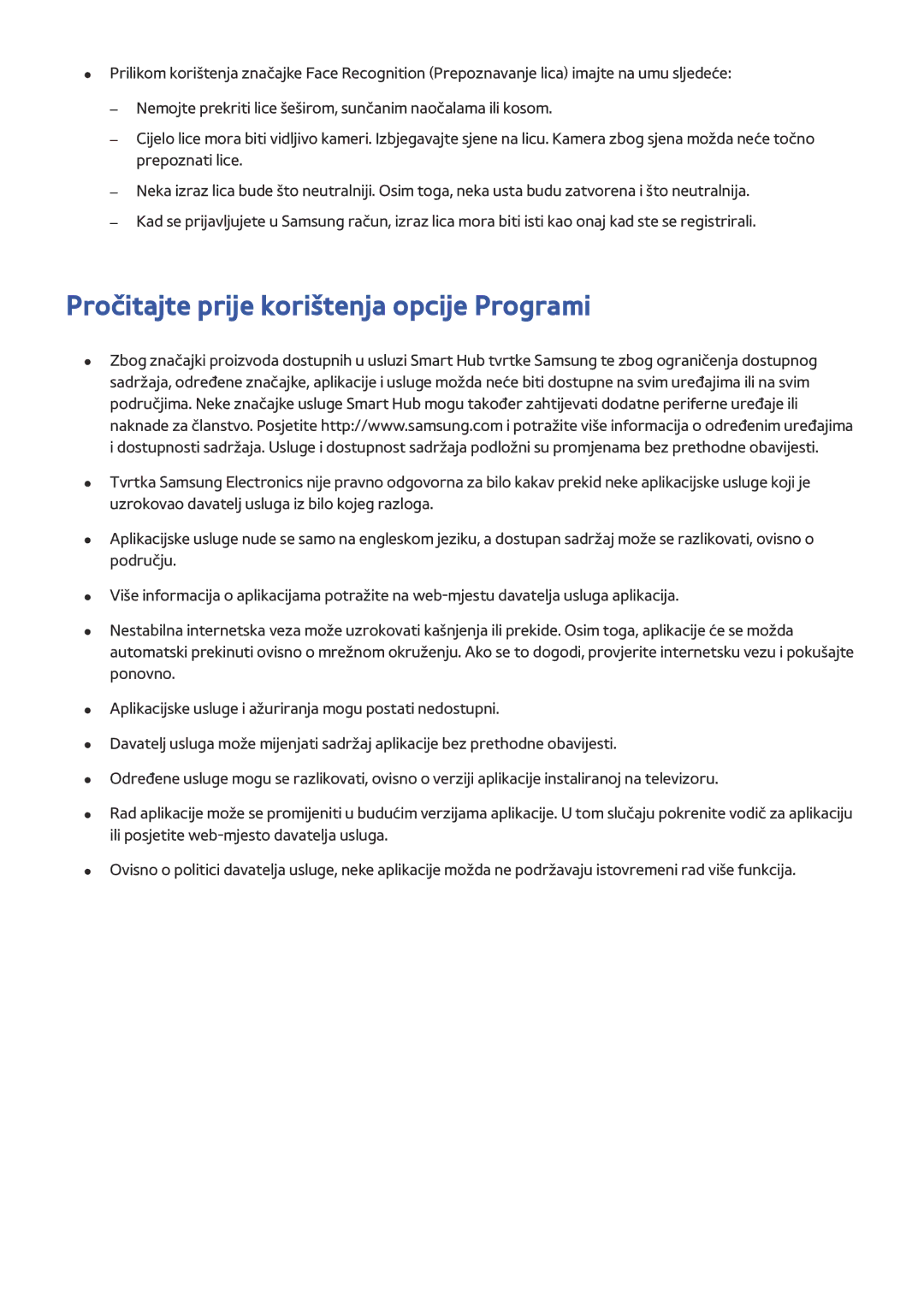 Samsung UE50JU6872UXXH, UE55JU6872UXXH, UE60JU6872UXXH, UE48JU6412UXXH manual Pročitajte prije korištenja opcije Programi 