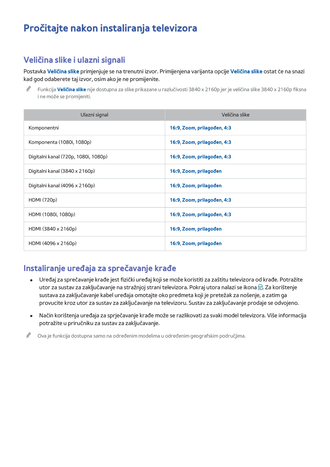 Samsung UE60JU6472UXXH, UE50JU6872UXXH manual Pročitajte nakon instaliranja televizora, Veličina slike i ulazni signali 