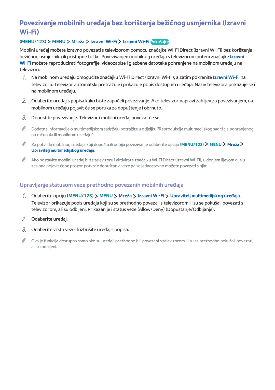 Samsung UE65JU6572UXXH, UE50JU6872UXXH, UE55JU6872UXXH manual MENU/123 Menu Mreža Izravni Wi-Fi Izravni Wi-Fi Pokušajte 