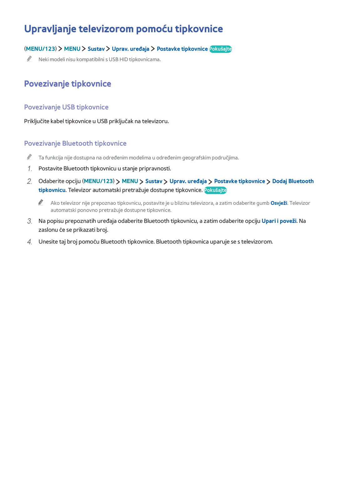 Samsung UE55JU6872UXXH manual Upravljanje televizorom pomoću tipkovnice, Povezivanje tipkovnice, Povezivanje USB tipkovnice 