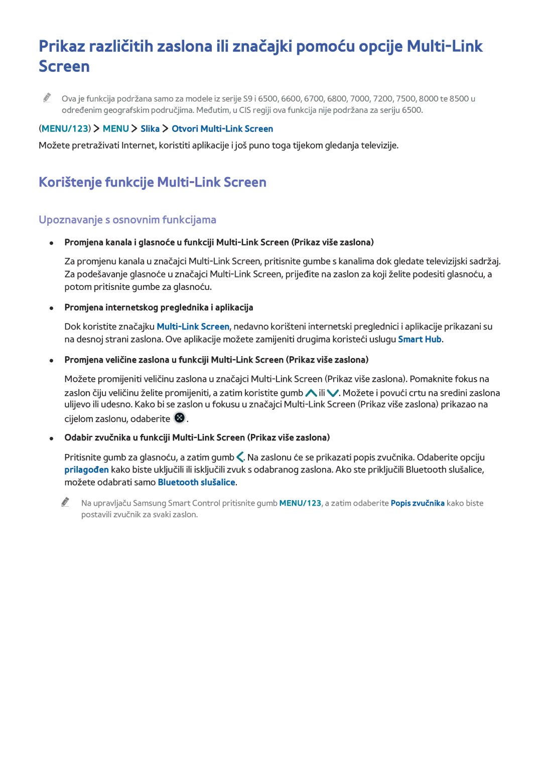 Samsung UE48JS8502TXXH, UE50JU6872UXXH manual Korištenje funkcije Multi-Link Screen, Upoznavanje s osnovnim funkcijama 