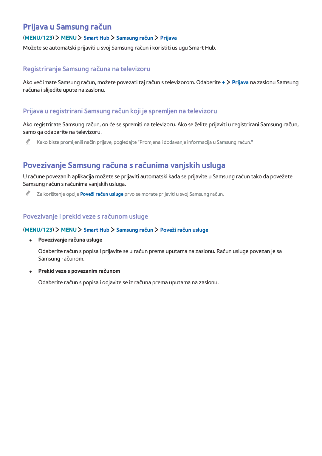 Samsung UE65JS8502TXXH, UE50JU6872UXXH manual Prijava u Samsung račun, Povezivanje Samsung računa s računima vanjskih usluga 