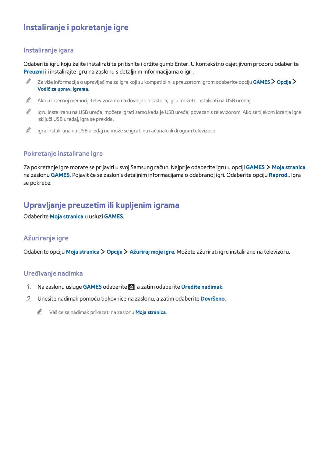 Samsung UE55JU6072UXXH, UE50JU6872UXXH manual Instaliranje i pokretanje igre, Upravljanje preuzetim ili kupljenim igrama 