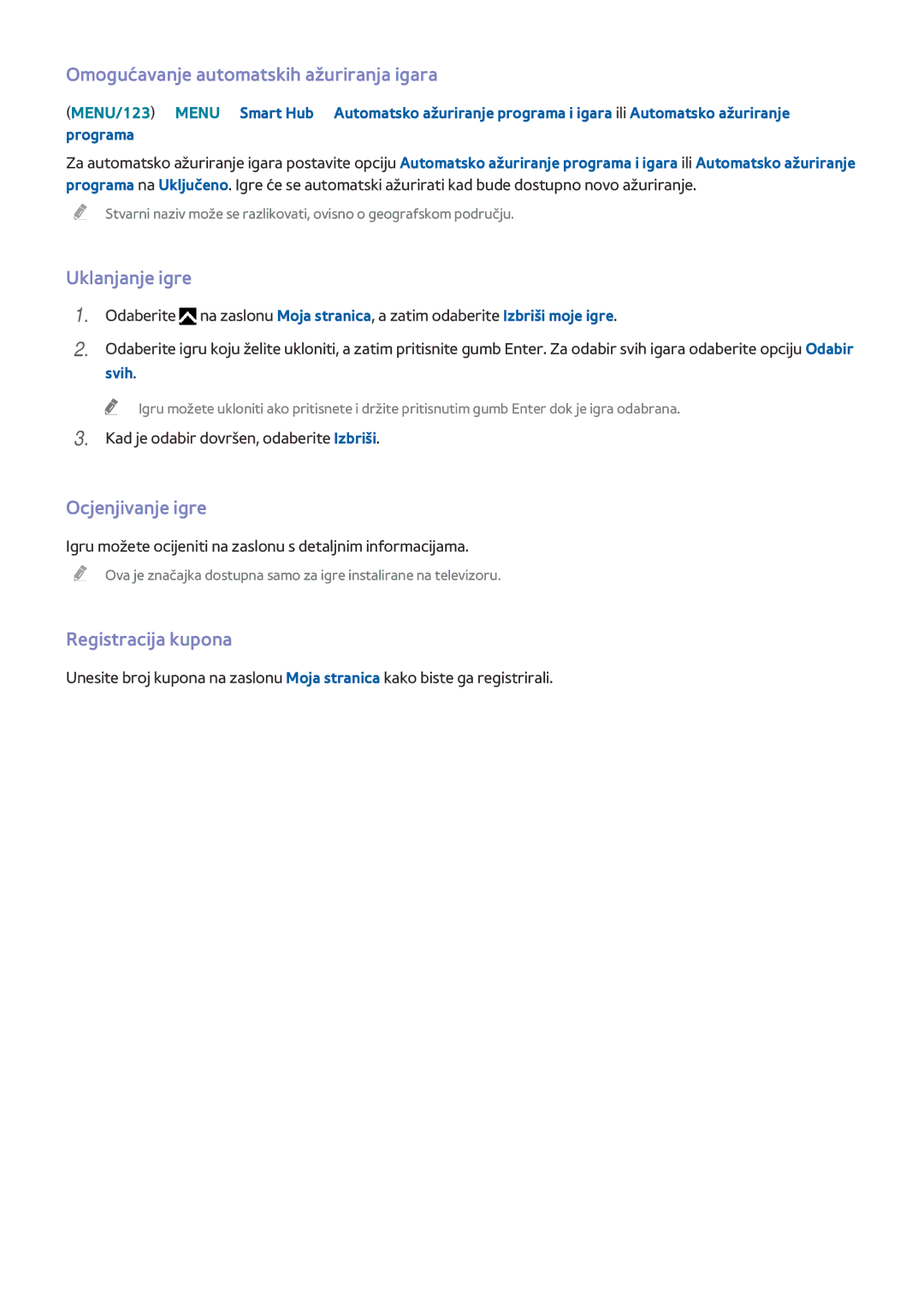 Samsung UE55JU6572UXXH Omogućavanje automatskih ažuriranja igara, Uklanjanje igre, Ocjenjivanje igre, Registracija kupona 