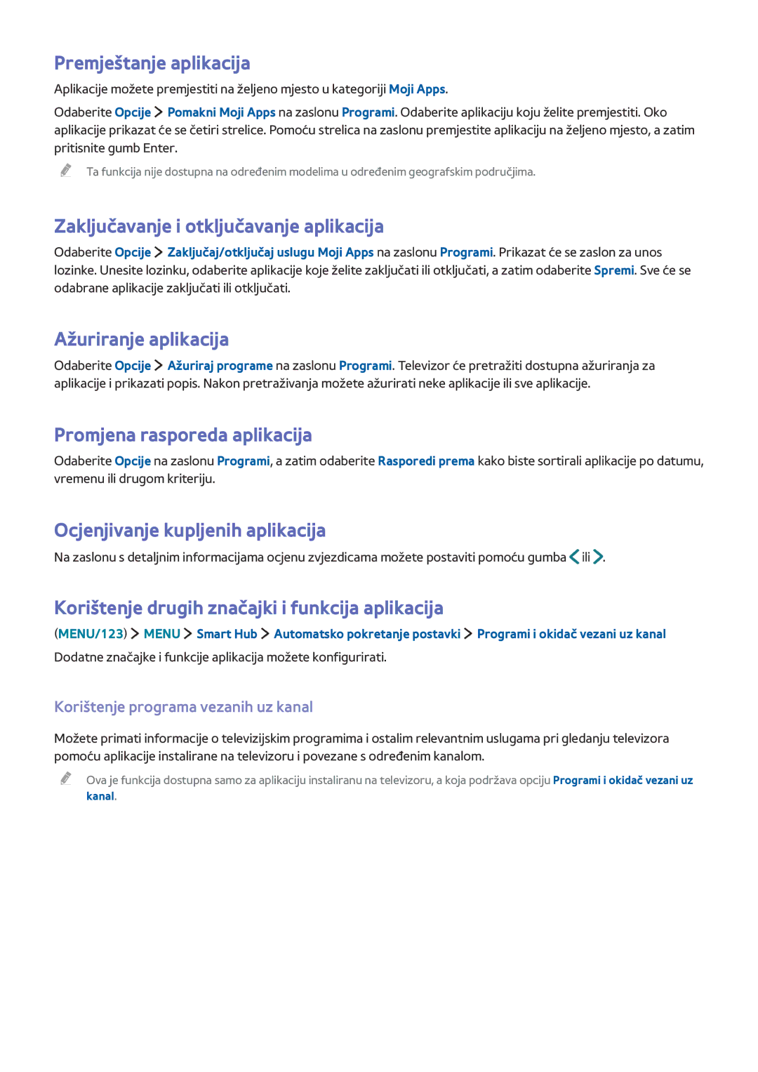 Samsung UE48JU7002TXXH manual Premještanje aplikacija, Zaključavanje i otključavanje aplikacija, Ažuriranje aplikacija 