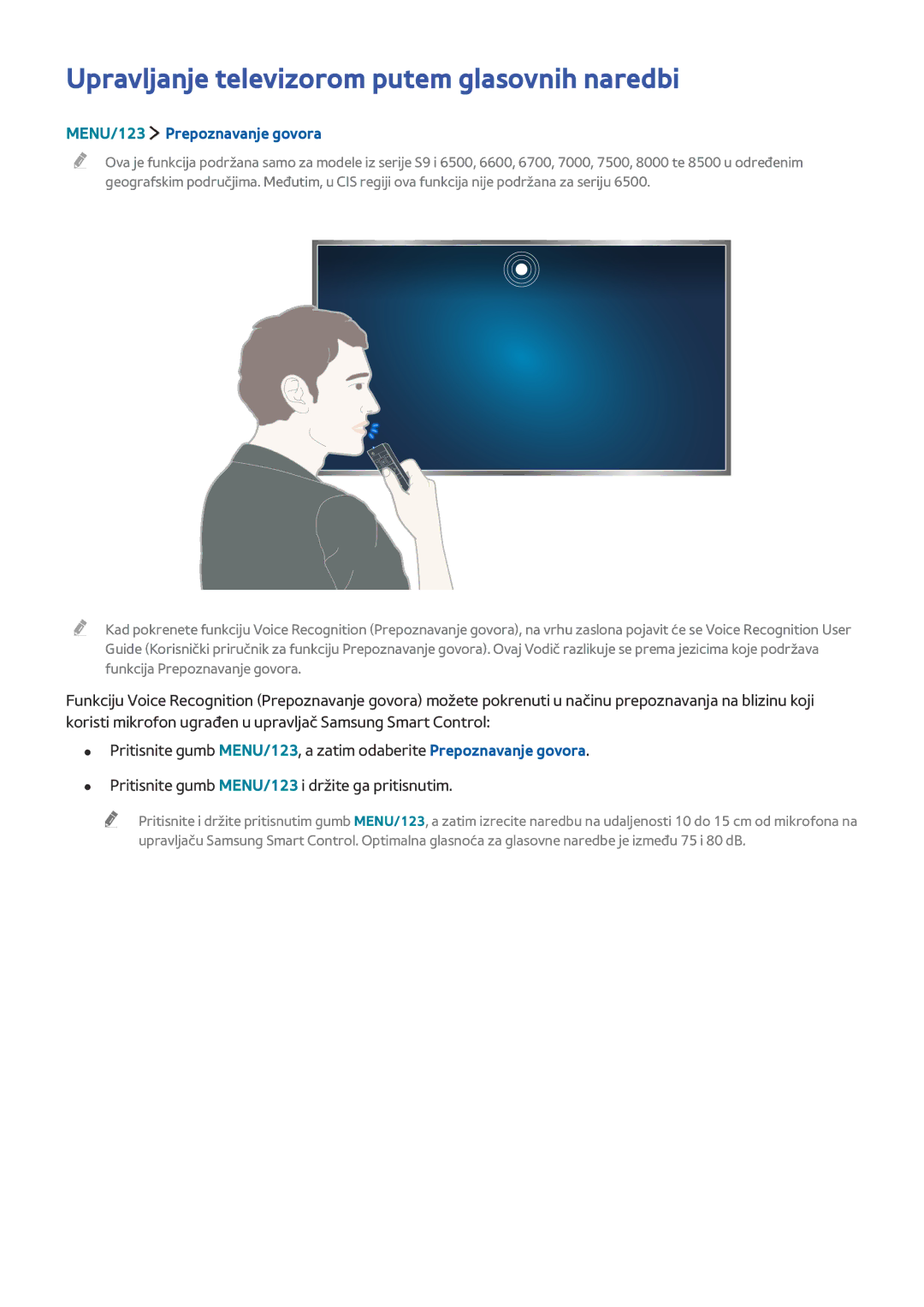 Samsung UE48JU7502TXXH, UE50JU6872UXXH manual Upravljanje televizorom putem glasovnih naredbi, MENU/123 Prepoznavanje govora 