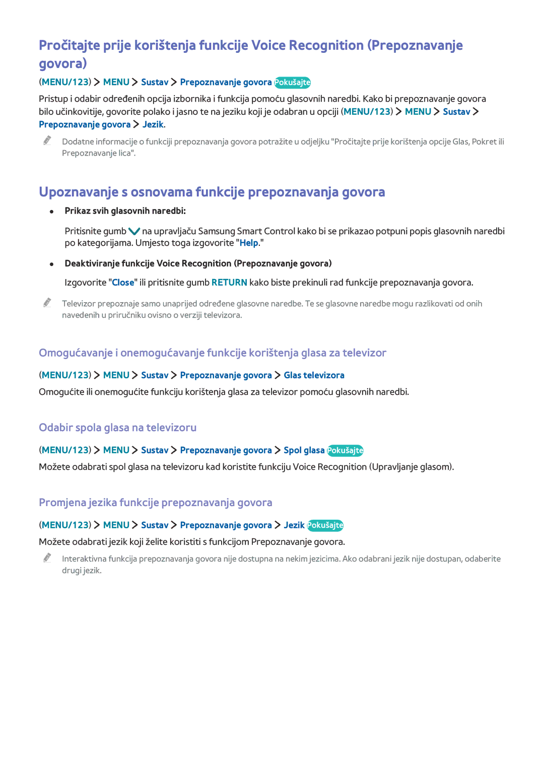 Samsung UE40JU6412UXXH manual Upoznavanje s osnovama funkcije prepoznavanja govora, Odabir spola glasa na televizoru 