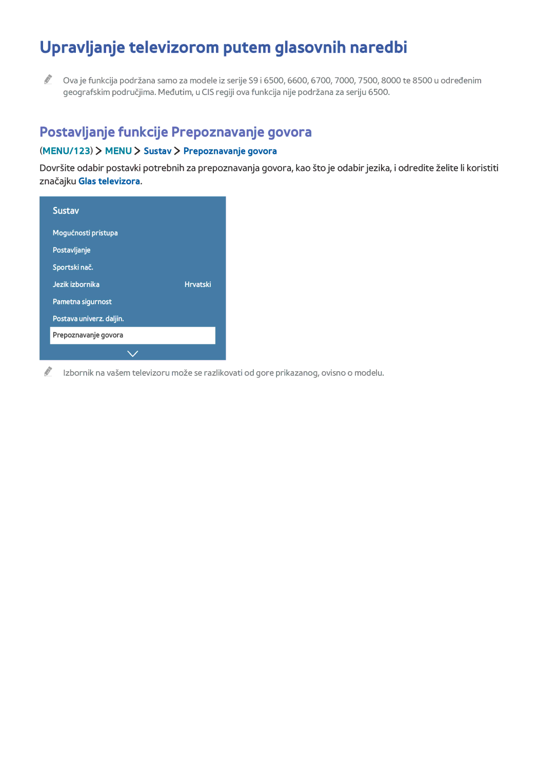 Samsung UE75JU7002TXXH manual Upravljanje televizorom putem glasovnih naredbi, Postavljanje funkcije Prepoznavanje govora 
