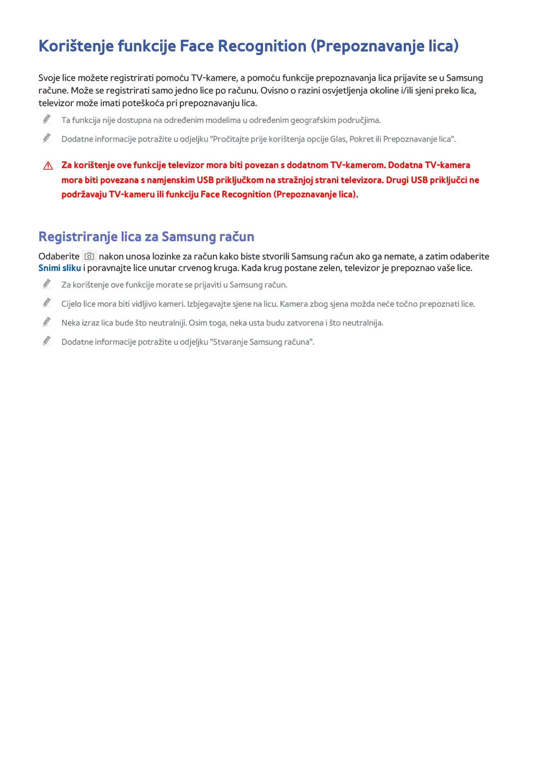 Samsung UE55JU6742UXXH manual Korištenje funkcije Face Recognition Prepoznavanje lica, Registriranje lica za Samsung račun 