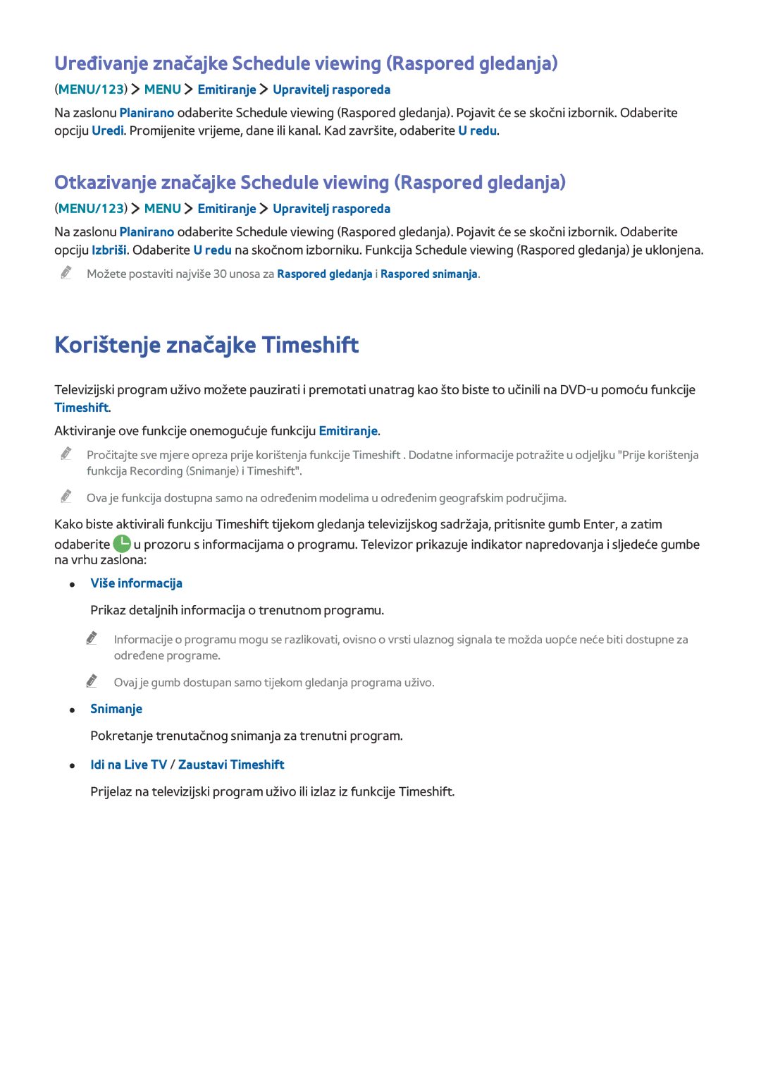 Samsung UE65JU6072UXXH Korištenje značajke Timeshift, Uređivanje značajke Schedule viewing Raspored gledanja, Snimanje 