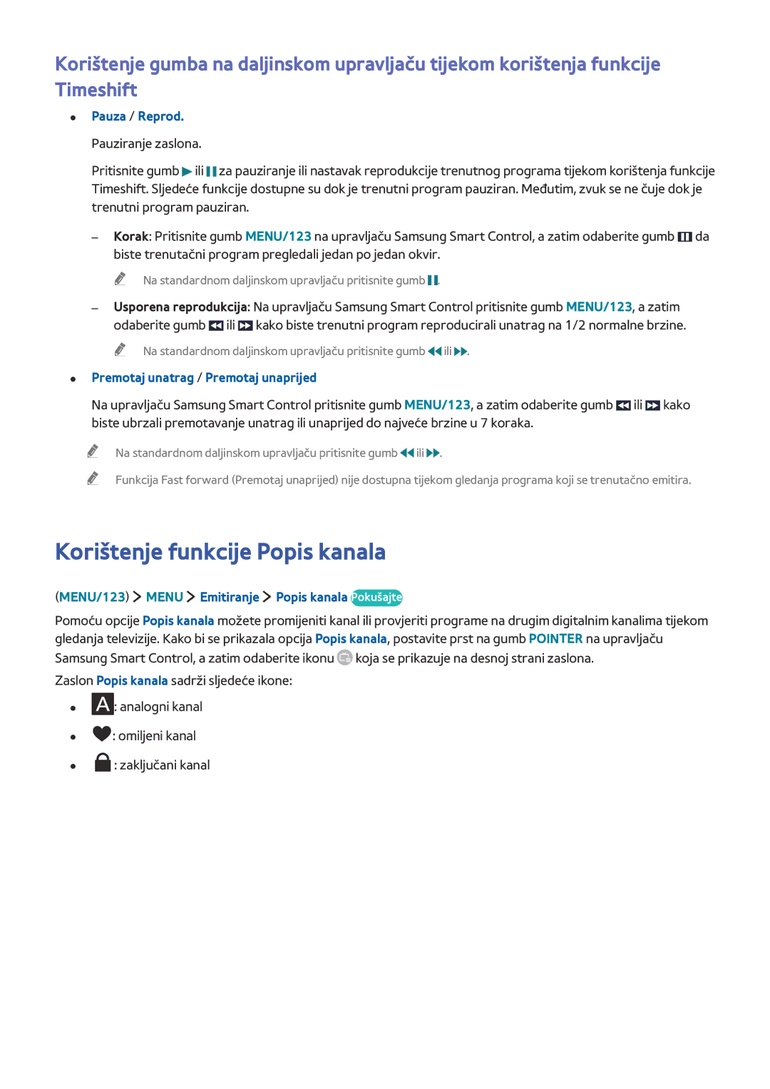 Samsung UE48JS8502TXXH, UE50JU6872UXXH Korištenje funkcije Popis kanala, MENU/123 Menu Emitiranje Popis kanala Pokušajte 