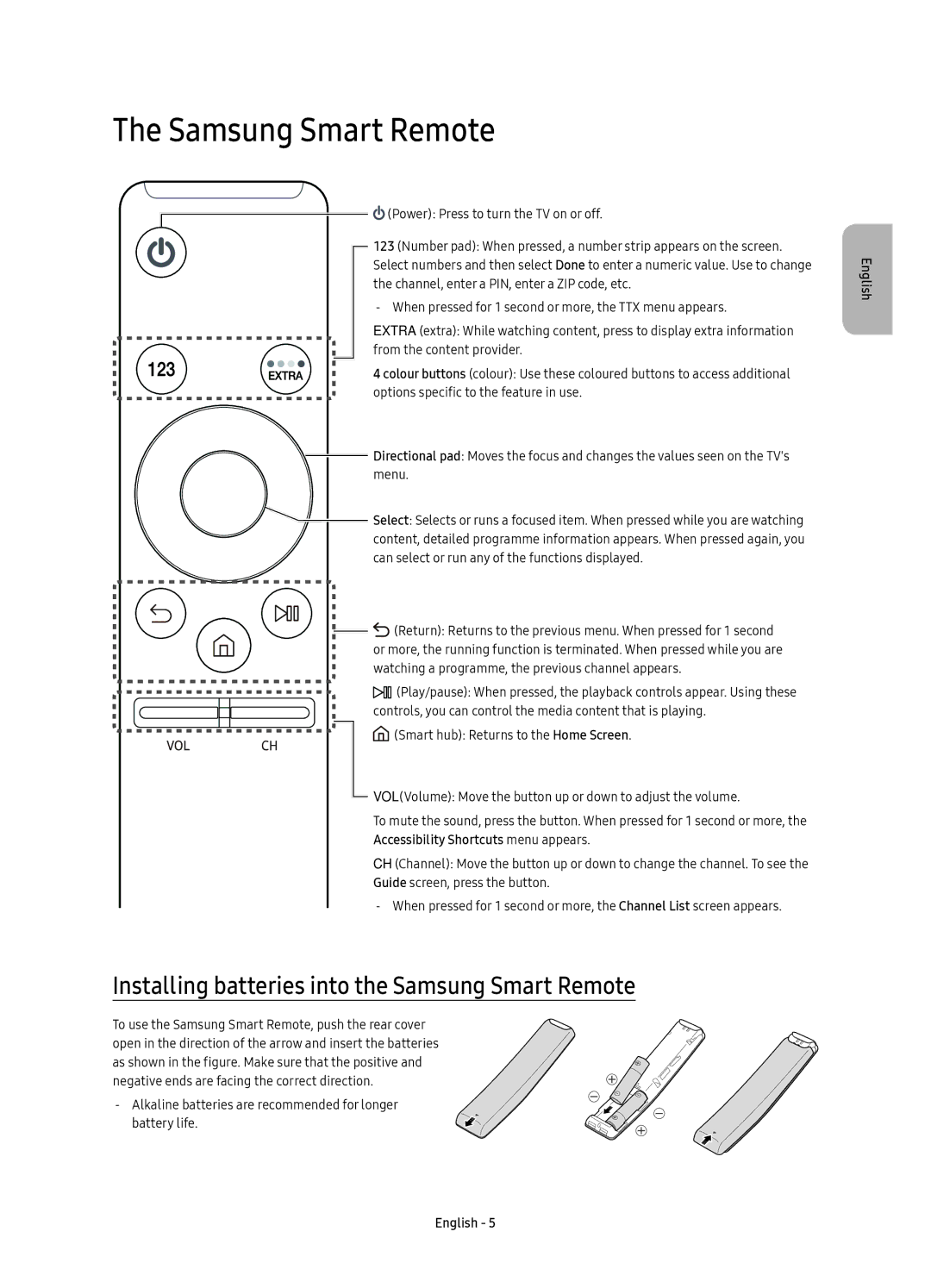 Samsung UE55KU6000UXRU, UE50KU6000UXRU, UE43KU6000UXRU manual Installing batteries into the Samsung Smart Remote 