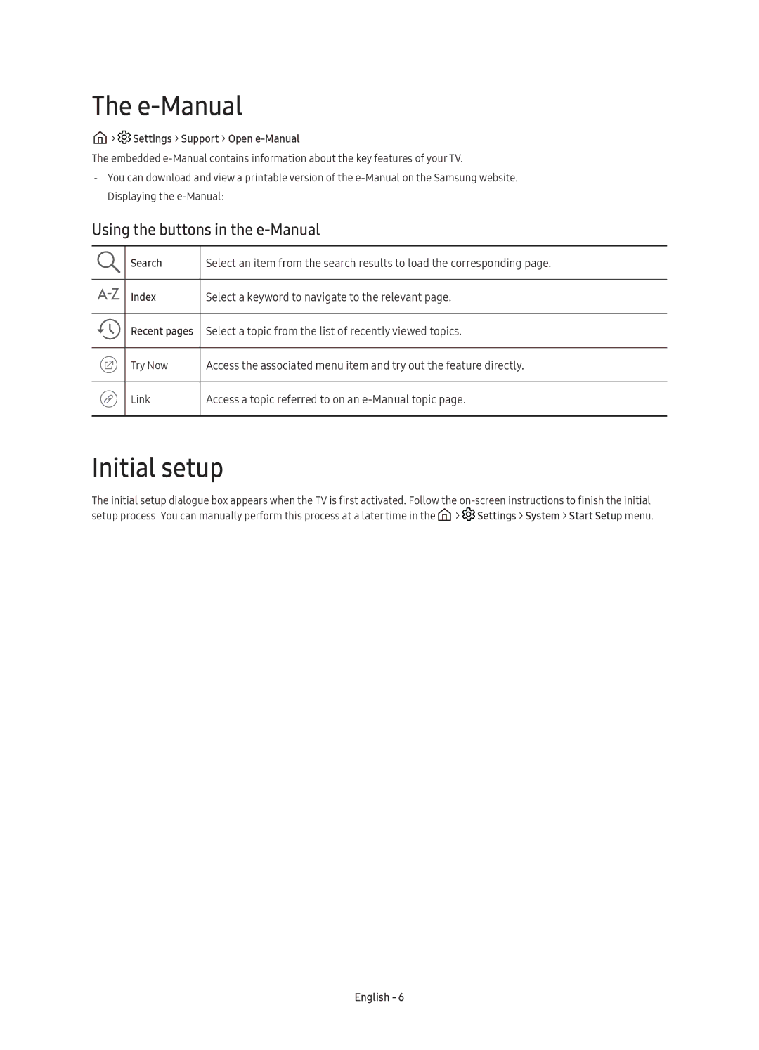 Samsung UE43KU6000UXRU, UE50KU6000UXRU, UE55KU6000UXRU manual E-Manual, Initial setup, Using the buttons in the e-Manual 