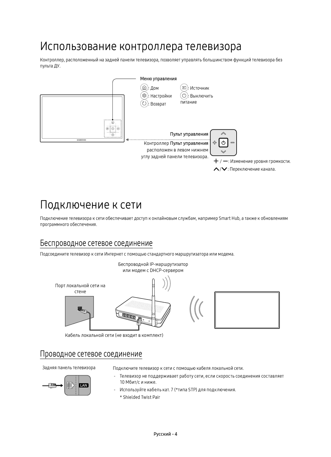 Samsung UE60KU6000UXRU manual Использование контроллера телевизора, Подключение к сети, Беспроводное сетевое соединение 