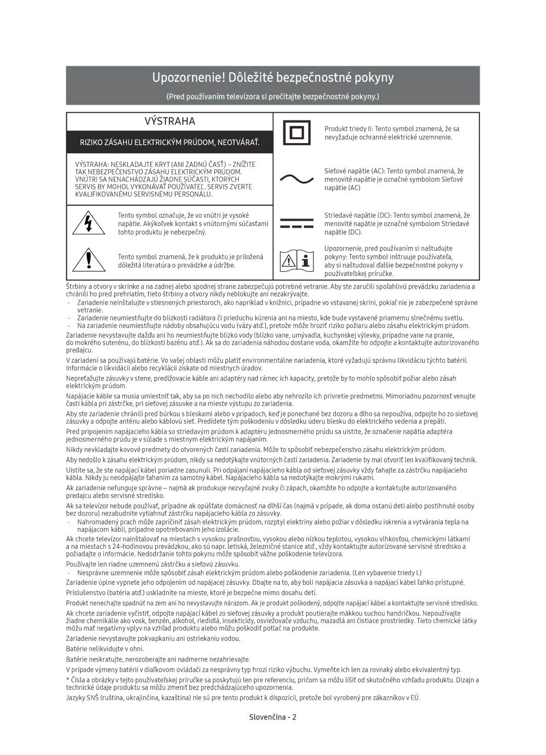 Samsung UE40KU6020WXXN, UE50KU6000WXXH, UE43KU6000WXXH, UE43KU6072UXXH Upozornenie! Dôležité bezpečnostné pokyny, Slovenčina 