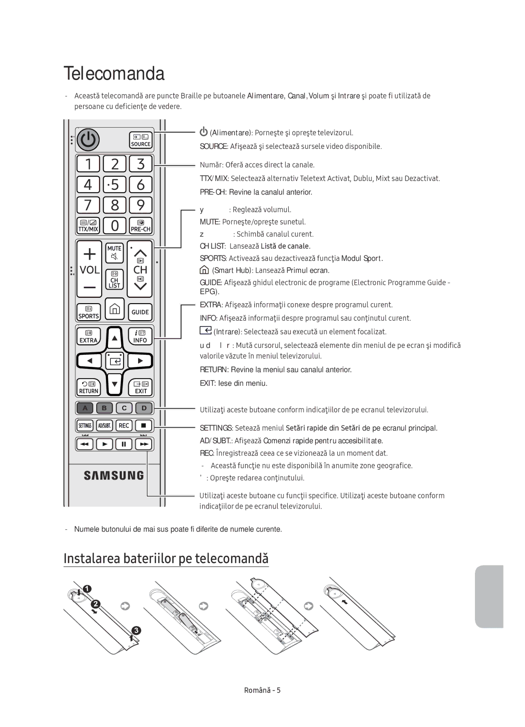 Samsung UE43KU6000WXXH, UE50KU6000WXXH Telecomanda, Instalarea bateriilor pe telecomandă, CH List Lansează Listă de canale 