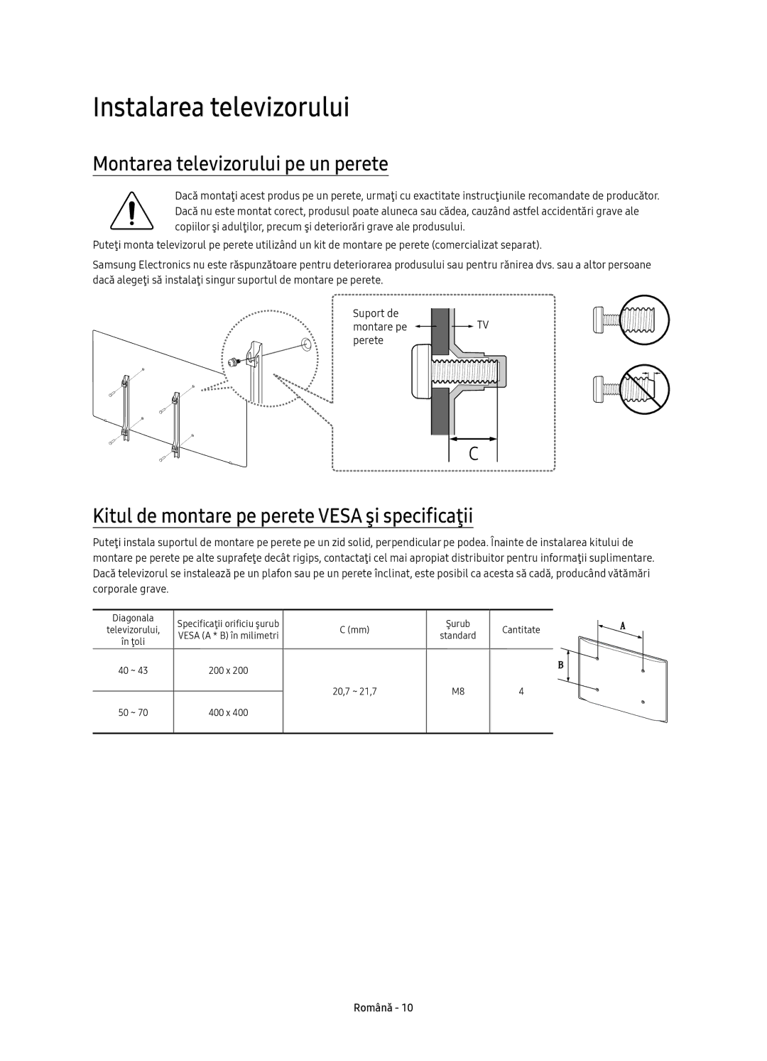 Samsung UE60KU6000WXXH, UE50KU6000WXXH, UE43KU6000WXXH manual Instalarea televizorului, Montarea televizorului pe un perete 