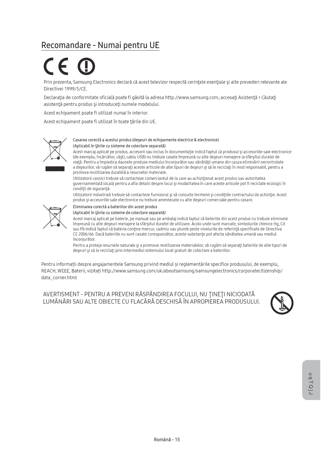 Samsung UE50KU6020WXXN, UE50KU6000WXXH, UE43KU6000WXXH, UE43KU6072UXXH, UE70KU6000WXXH manual Recomandare Numai pentru UE 