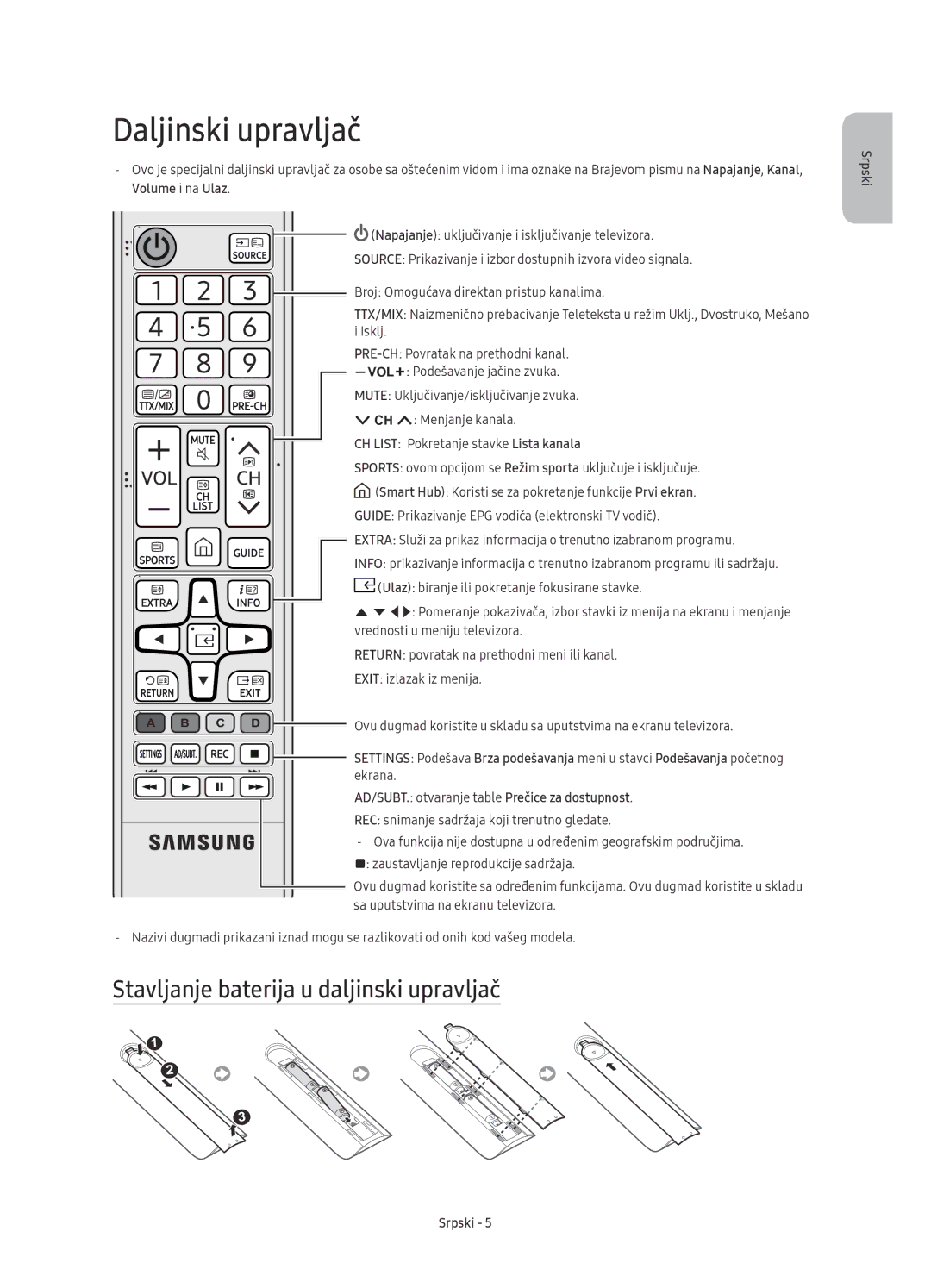 Samsung UE60KU6072UXXH, UE50KU6000WXXH, UE43KU6000WXXH manual Daljinski upravljač, Stavljanje baterija u daljinski upravljač 