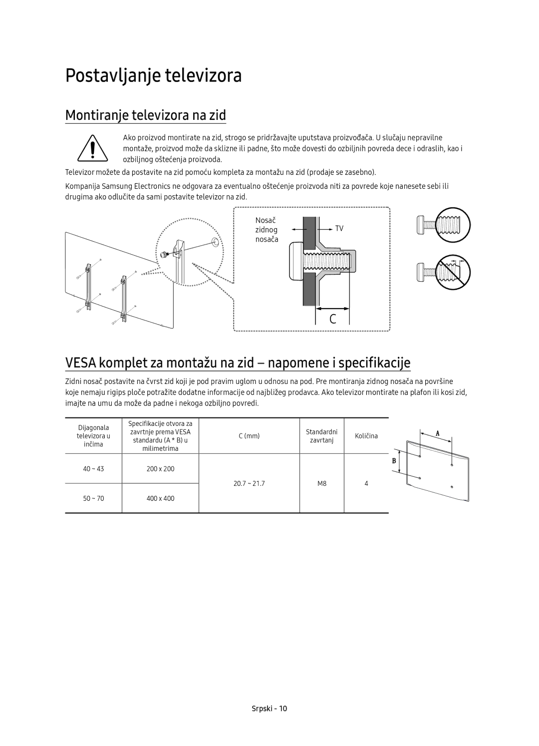 Samsung UE55KU6092UXXH manual Montiranje televizora na zid, Vesa komplet za montažu na zid napomene i specifikacije 