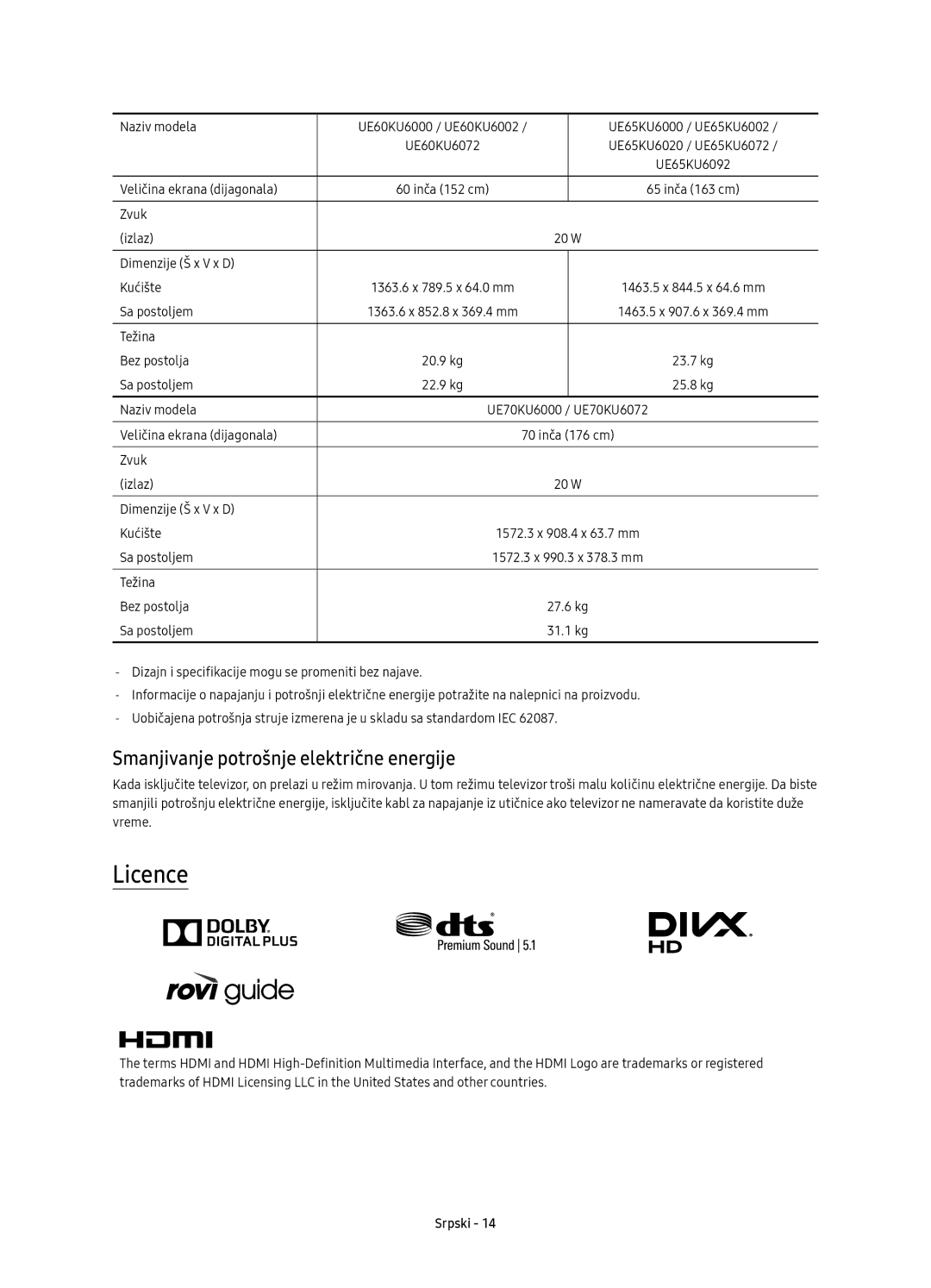 Samsung UE40KU6092UXXH Smanjivanje potrošnje električne energije, Dizajn i specifikacije mogu se promeniti bez najave 