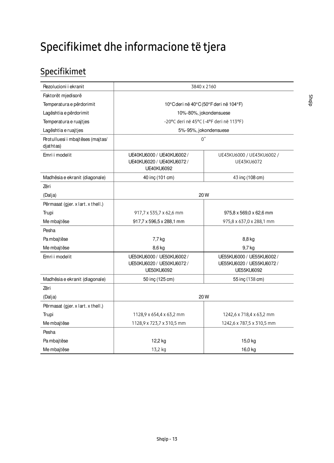 Samsung UE55KU6000WXXH, UE50KU6000WXXH, UE43KU6000WXXH, UE43KU6072UXXH, UE70KU6000WXXH Specifikimet dhe informacione të tjera 