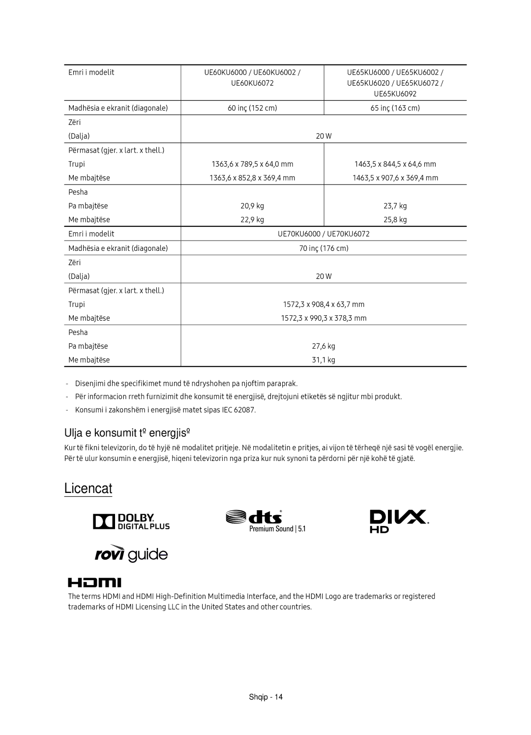 Samsung UE50KU6072UXXH manual Licencat, Ulja e konsumit të energjisë, Emri i modelit UE60KU6000 / UE60KU6002 UE60KU6072 