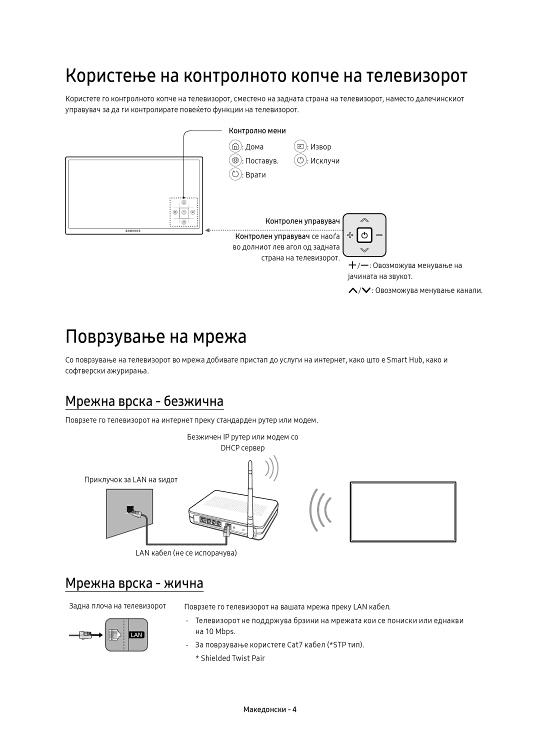 Samsung UE40KU6020WXXN, UE50KU6000WXXH manual Поврзување на мрежа, Мрежна врска безжична, Мрежна врска жична, Контролно мени 