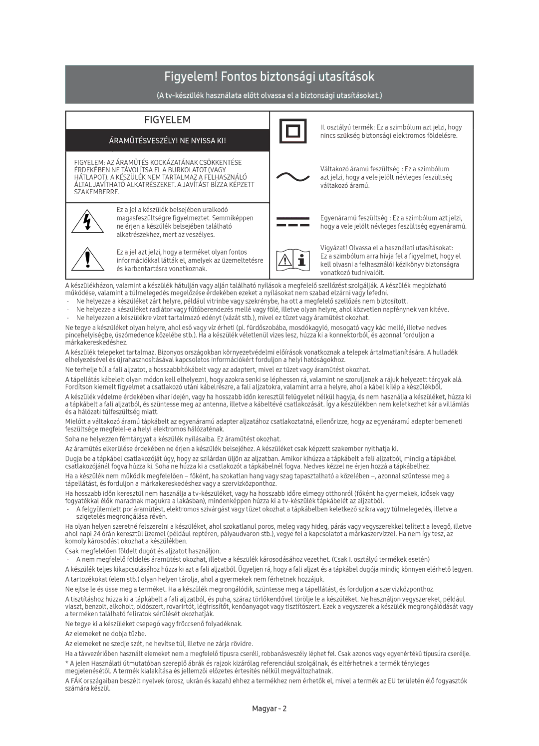 Samsung UE40KU6000WXXN, UE50KU6000WXXH, UE43KU6000WXXH, UE43KU6072UXXH manual Figyelem! Fontos biztonsági utasítások, Magyar 