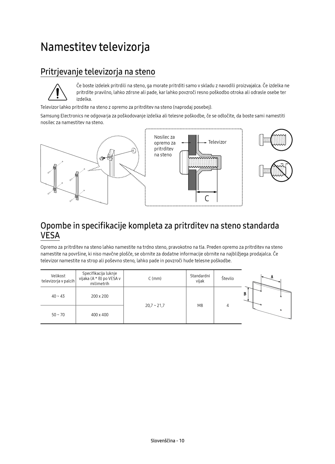 Samsung UE65KU6000WXXH, UE50KU6000WXXH, UE43KU6000WXXH manual Namestitev televizorja, Pritrjevanje televizorja na steno 