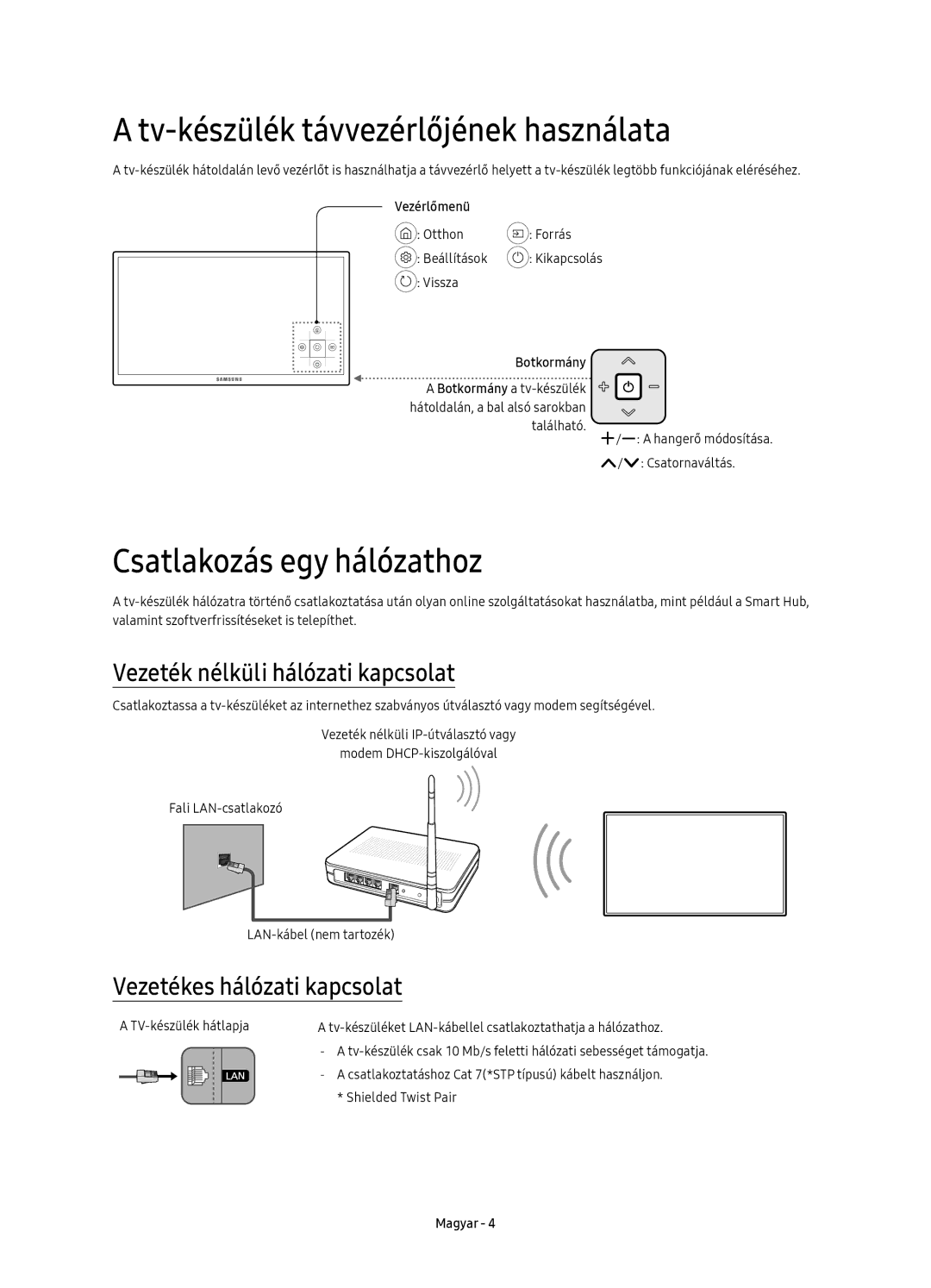 Samsung UE65KU6072UXXH Tv-készülék távvezérlőjének használata, Csatlakozás egy hálózathoz, Vezetékes hálózati kapcsolat 