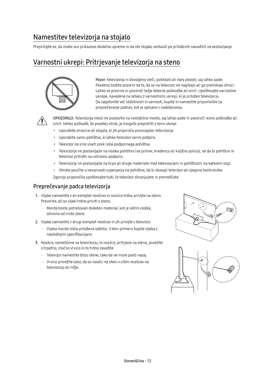 Samsung UE60KU6000WXXH manual Namestitev televizorja na stojalo, Varnostni ukrepi Pritrjevanje televizorja na steno 