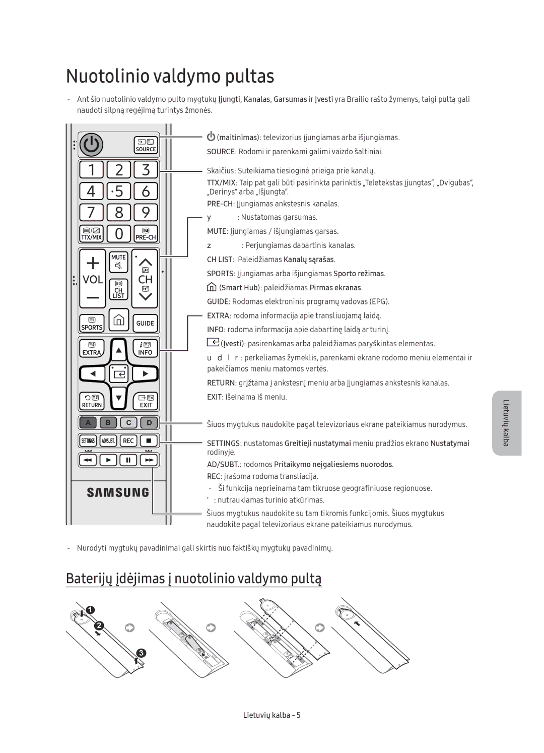 Samsung UE50KU6020WXXH, UE50KU6000WXXH manual Nuotolinio valdymo pultas, Baterijų įdėjimas į nuotolinio valdymo pultą 