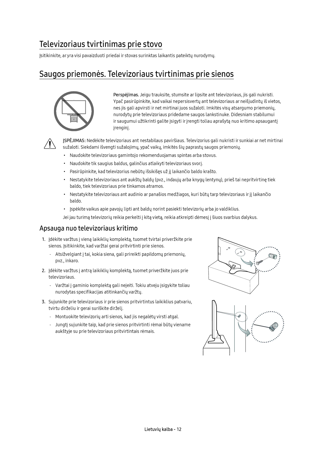 Samsung UE40KU6000WXXH manual Televizoriaus tvirtinimas prie stovo, Saugos priemonės. Televizoriaus tvirtinimas prie sienos 