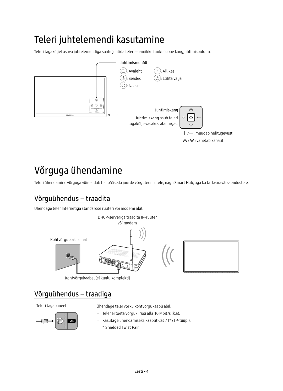 Samsung UE50KU6020WXXN Teleri juhtelemendi kasutamine, Võrguga ühendamine, Võrguühendus traadita, Võrguühendus traadiga 