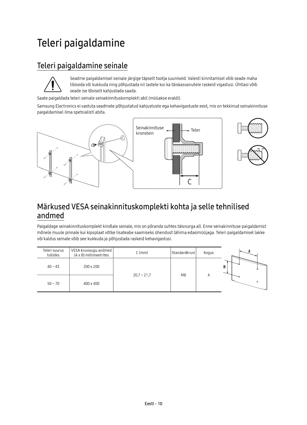 Samsung UE40KU6072UXXH, UE50KU6000WXXH, UE43KU6000WXXH, UE43KU6072UXXH, UE70KU6000WXXH manual Teleri paigaldamine seinale 