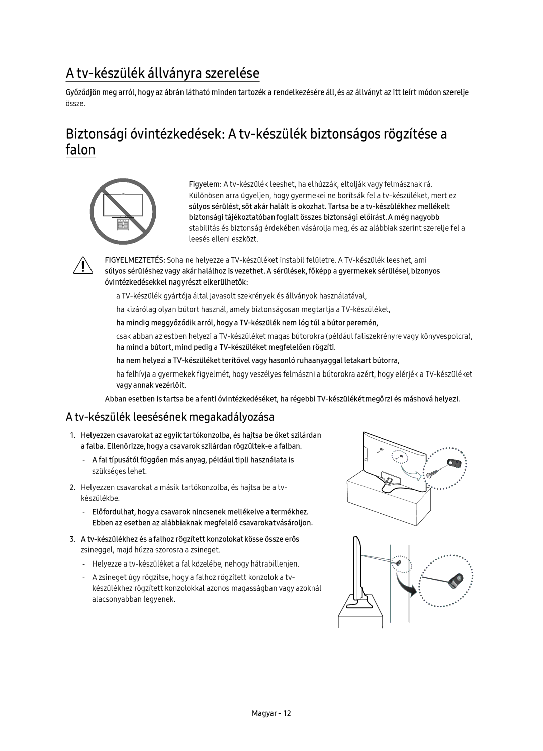 Samsung UE60KU6000WXXN, UE50KU6000WXXH manual Tv-készülék állványra szerelése, Tv-készülék leesésének megakadályozása 