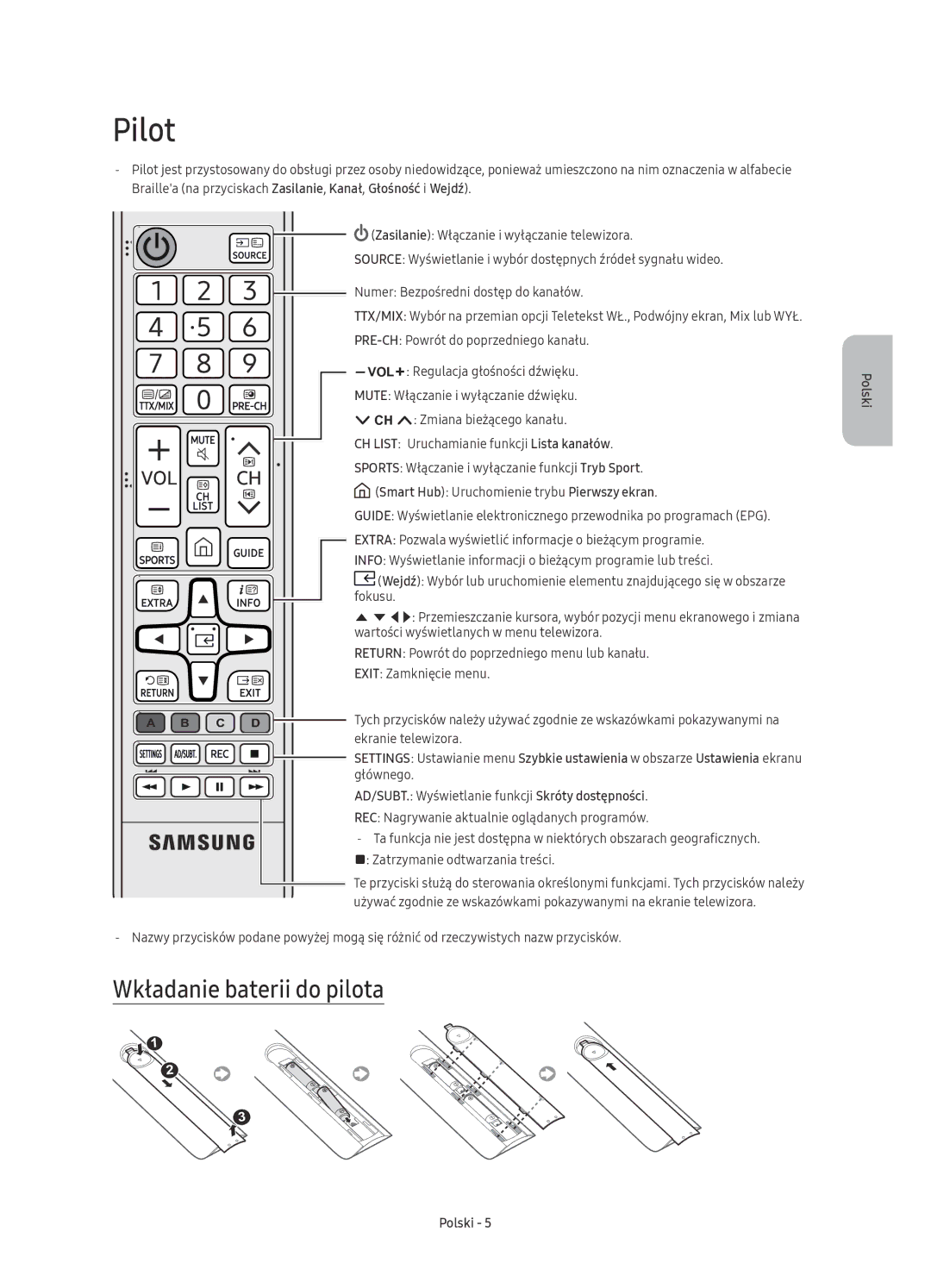 Samsung UE65KU6000WXXH manual Pilot, Wkładanie baterii do pilota, AD/SUBT. Wyświetlanie funkcji Skróty dostępności 