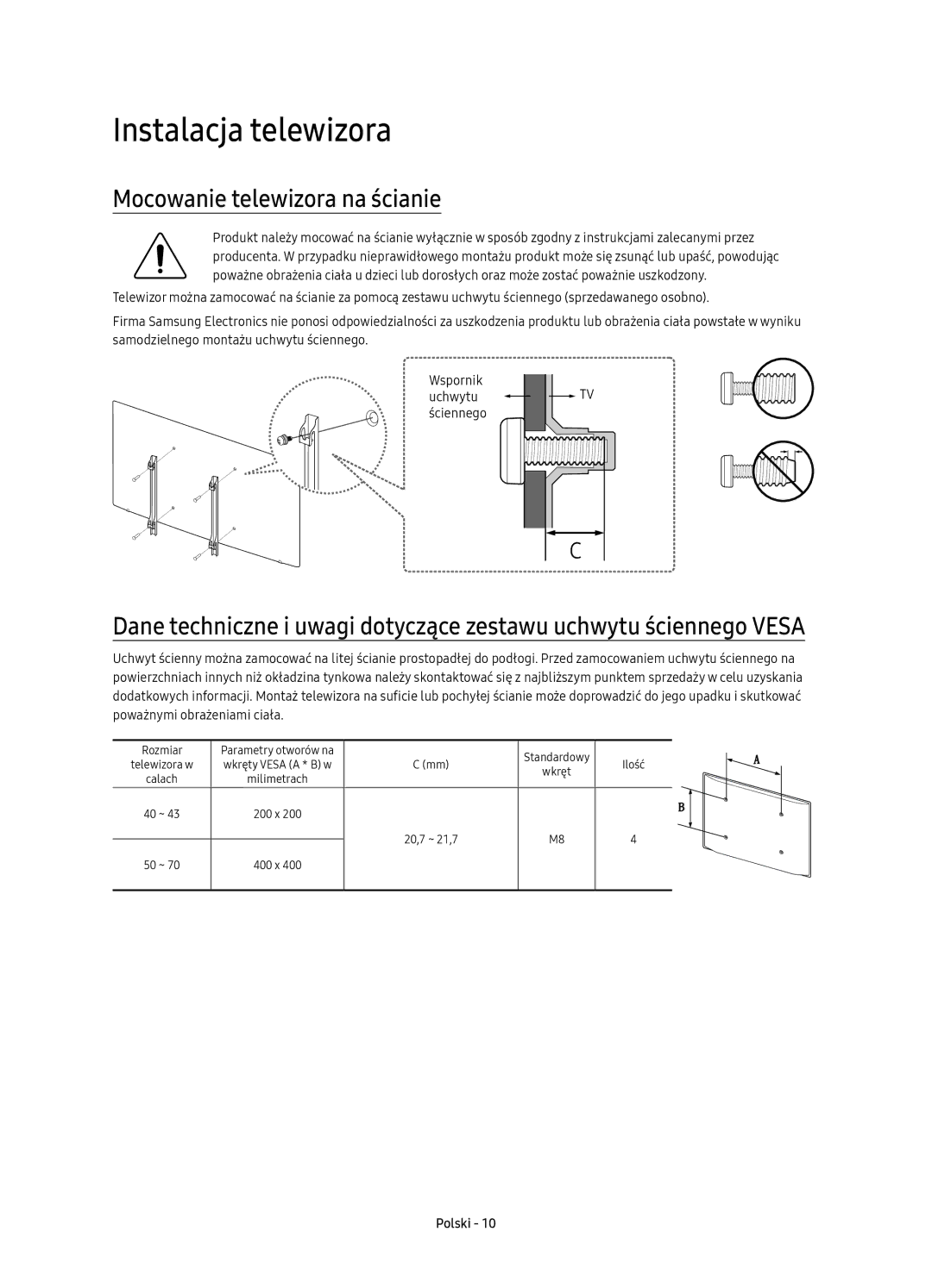 Samsung UE50KU6072UXXH, UE50KU6000WXXH, UE43KU6000WXXH manual Instalacja telewizora, Mocowanie telewizora na ścianie 